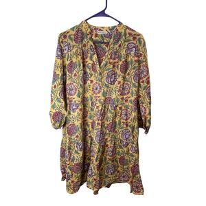 Fitzroy & Willa Soleil Marti Dress Cotton Yellow Floral Sz M Short Maxi Boho